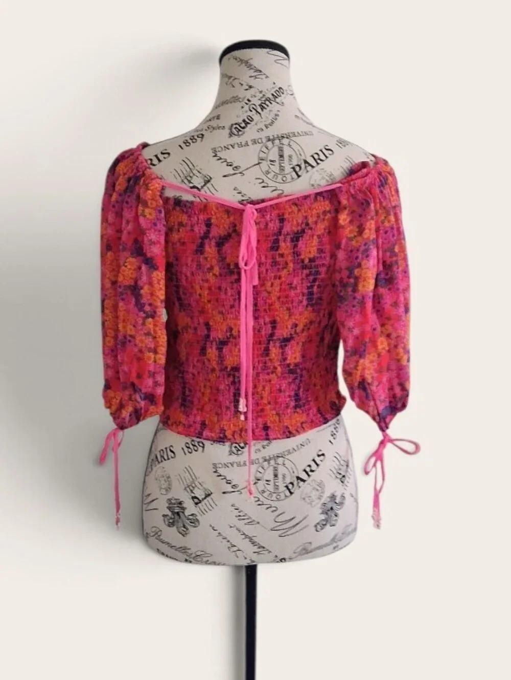 Free People Pink Multi Off-Shoulder Ruched Smocked Crop Top With Bows Large
